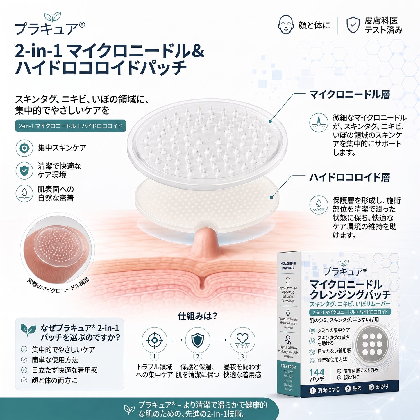✨PuraCure® 2-in-1 マイクロニードル＆ハイドロコロイドパッチ🍀| 盛り上がったホクロ・ニキビ・扁平イボ・スキンタッグのケアに | シワ・ニキビ跡・肌の色ムラをケア | 目立たない透明パッチ（顔・体用）